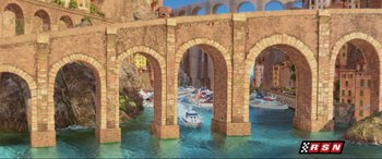Movie still from “Cars 2” (2011), directed by John Lasseter – An image of a bridge that has arches in the water; Extreme Wide shot, High angle