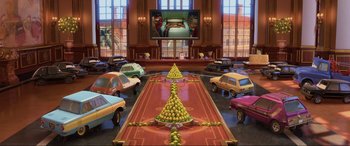 Movie still from “Cars 2” (2011), directed by John Lasseter – Wide shot, High angle