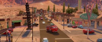 Movie still from “Cars 2” (2011), directed by John Lasseter – Extreme Wide shot, High angle