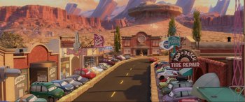 Movie still from “Cars 2” (2011), directed by John Lasseter – Extreme Wide shot, High angle