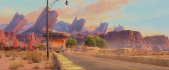 Movie still from “Cars 2” (2011), directed by John Lasseter – Extreme Wide shot, High angle
