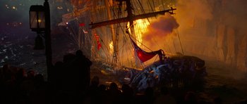 Movie still from “Casino” (1995), directed by Martin Scorsese – People are gathered around a pirate ship in the dark; Extreme Wide shot, High angle
