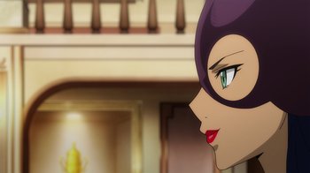 A woman's face with a purple mask on