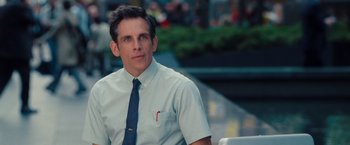 Movie still from “The Secret Life of Walter Mitty” (2013), directed by Ben Stiller – Ben stiller in a white shirt and blue tie; Close Up shot, Over the shoulder angle