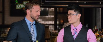 Movie still from “Central Intelligence” (2016), directed by Rawson Marshall Thurber – A man and a woman talking to each other; Medium shot, Over the shoulder angle