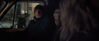 Movie still from “Champions” (2023), directed by Bobby Farrelly – A man and a woman sitting in a car; Close Up shot, Over the shoulder angle
