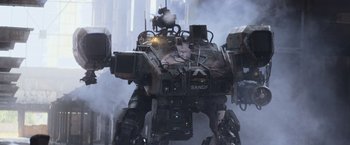 Movie still from “Chappie” (2015), directed by Neill Blomkamp – An image of a robot in the fog; Extreme Wide shot, Low angle