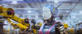 Movie still from “Chappie” (2015), directed by Neill Blomkamp – The face of a robot; Extreme Close Up shot, Low angle