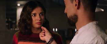 Movie still from “Charlie's Angels” (2019), directed by Elizabeth Banks – A man and a woman looking at one another; Close Up shot, Over the shoulder angle