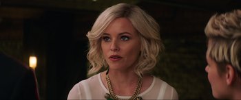 Movie still from “Charlie's Angels” (2019), directed by Elizabeth Banks – A woman with blonde hair wearing a white shirt and gold necklace; Close Up shot, Over the shoulder angle