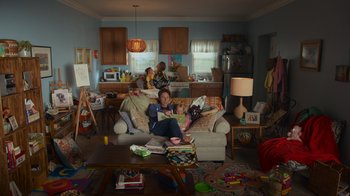 Movie still from “Cheaper by the Dozen” (2022), directed by Gail Lerner – A man sitting on a couch in a living room; Wide shot, High angle