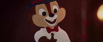 Movie still from “Chip 'n Dale: Rescue Rangers” (2022), directed by Akiva Schaffer – A cartoon character with a bow tie; Close Up shot, High angle