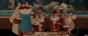 Movie still from “Chip 'n Dale: Rescue Rangers” (2022), directed by Akiva Schaffer – A group of cartoon characters sitting around a table; Medium shot, High angle
