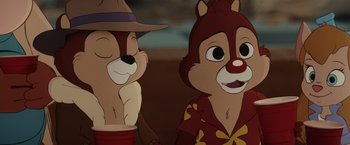 Movie still from “Chip 'n Dale: Rescue Rangers” (2022), directed by Akiva Schaffer – A couple of people that are next to each other; Close Up shot, Over the shoulder angle