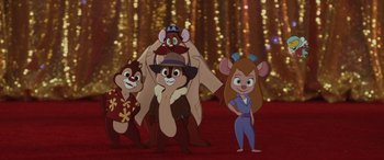 Movie still from “Chip 'n Dale: Rescue Rangers” (2022), directed by Akiva Schaffer – A group of cartoon characters standing next to each other; Wide shot, High angle