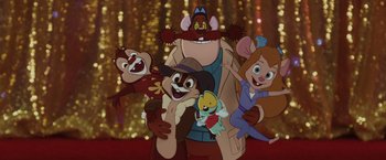 Movie still from “Chip 'n Dale: Rescue Rangers” (2022), directed by Akiva Schaffer – A group of cartoon characters posing for a picture; Wide shot, High angle