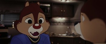 Movie still from “Chip 'n Dale: Rescue Rangers” (2022), directed by Akiva Schaffer – A picture of a cartoon chipmunk in a kitchen; Close Up shot, High angle