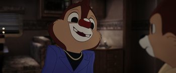 Movie still from “Chip 'n Dale: Rescue Rangers” (2022), directed by Akiva Schaffer – A cartoon character's face; Close Up shot, Over the shoulder angle