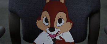 Movie still from “Chip 'n Dale: Rescue Rangers” (2022), directed by Akiva Schaffer – A picture of a cartoon character that is smiling; Close Up shot, High angle