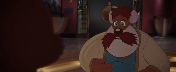 Movie still from “Chip 'n Dale: Rescue Rangers” (2022), directed by Akiva Schaffer – A cartoon character with a beard; Close Up shot, Over the shoulder angle