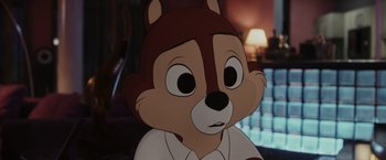 Movie still from “Chip 'n Dale: Rescue Rangers” (2022), directed by Akiva Schaffer – A cartoon character's face; Close Up shot, High angle