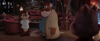 Movie still from “Chip 'n Dale: Rescue Rangers” (2022), directed by Akiva Schaffer – A cartoon character is standing in front of a living room; Medium shot, Over the shoulder angle