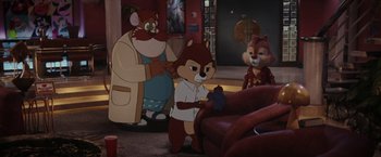 Movie still from “Chip 'n Dale: Rescue Rangers” (2022), directed by Akiva Schaffer – A couple of cartoon characters in a room; Medium shot, Over the shoulder angle