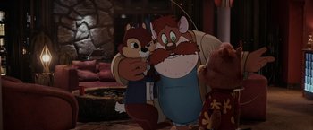 Movie still from “Chip 'n Dale: Rescue Rangers” (2022), directed by Akiva Schaffer – A couple of cartoon characters standing next to each other; Medium shot, Over the shoulder angle
