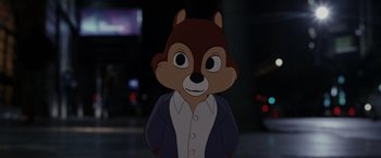 Movie still from “Chip 'n Dale: Rescue Rangers” (2022), directed by Akiva Schaffer – A picture of a character in a cartoon style; Close Up shot, Over the shoulder angle