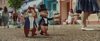 Movie still from “Chip 'n Dale: Rescue Rangers” (2022), directed by Akiva Schaffer – A couple of cardboard cutouts of chip and dale; Wide shot, Low angle