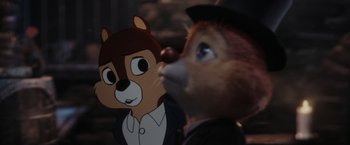 Movie still from “Chip 'n Dale: Rescue Rangers” (2022), directed by Akiva Schaffer – A picture of an animated character and a person; Close Up shot, Over the shoulder angle