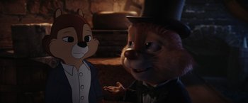 Movie still from “Chip 'n Dale: Rescue Rangers” (2022), directed by Akiva Schaffer – A picture of an animated character and an animated character; Medium shot, Over the shoulder angle