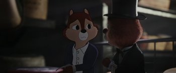 Movie still from “Chip 'n Dale: Rescue Rangers” (2022), directed by Akiva Schaffer – A picture of a character in a cartoon style; Close Up shot, Over the shoulder angle