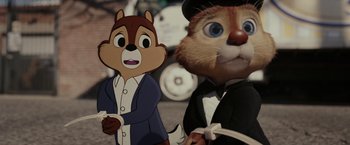 Movie still from “Chip 'n Dale: Rescue Rangers” (2022), directed by Akiva Schaffer – A couple of cartoon characters that are next to each other; Close Up shot, Over the shoulder angle