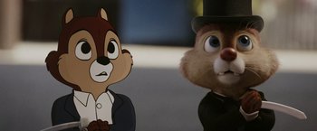 Movie still from “Chip 'n Dale: Rescue Rangers” (2022), directed by Akiva Schaffer – A couple of cartoon characters are standing next to each other; Close Up shot, Over the shoulder angle