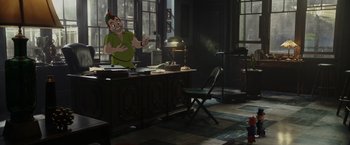 Movie still from “Chip 'n Dale: Rescue Rangers” (2022), directed by Akiva Schaffer – An image of an animated character in a living room setting; Wide shot, High angle