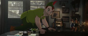 Movie still from “Chip 'n Dale: Rescue Rangers” (2022), directed by Akiva Schaffer – An image of an animated character from peter pan; Medium shot, Over the shoulder angle