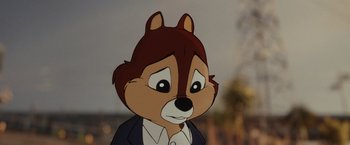 Movie still from “Chip 'n Dale: Rescue Rangers” (2022), directed by Akiva Schaffer – A picture of a cartoon character with a suit and tie on it; Close Up shot, Over the shoulder angle