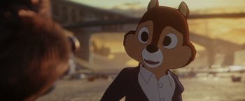 Movie still from “Chip 'n Dale: Rescue Rangers” (2022), directed by Akiva Schaffer – A cardboard cut out of a cartoon character; Close Up shot, Over the shoulder angle