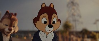 Movie still from “Chip 'n Dale: Rescue Rangers” (2022), directed by Akiva Schaffer – A picture of a cartoon character with a suit and tie on it; Close Up shot, Over the shoulder angle