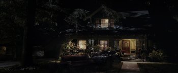 Movie still from “Chip 'n Dale: Rescue Rangers” (2022), directed by Akiva Schaffer – A house with a lot of lights on the outside of the house; Extreme Wide shot, High angle