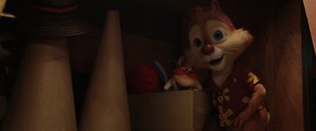 Movie still from “Chip 'n Dale: Rescue Rangers” (2022), directed by Akiva Schaffer – A stuffed animal in a cardboard box; Medium shot, High angle