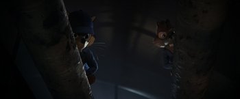 Movie still from “Chip 'n Dale: Rescue Rangers” (2022), directed by Akiva Schaffer – A couple of cats are standing next to each other; Medium shot, Low angle