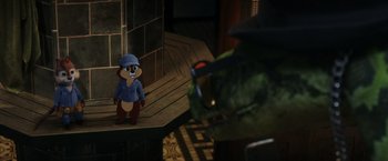 Movie still from “Chip 'n Dale: Rescue Rangers” (2022), directed by Akiva Schaffer – A cartoon of a mouse wearing a hat and a blue jacket; Medium shot, Over the shoulder angle