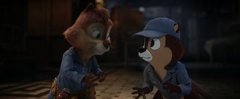 Movie still from “Chip 'n Dale: Rescue Rangers” (2022), directed by Akiva Schaffer – Two animated characters one of which is holding a glass of wine and the other of which is holding a wine glass; Medium shot, High angle