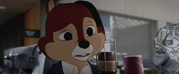 Movie still from “Chip 'n Dale: Rescue Rangers” (2022), directed by Akiva Schaffer – A character's face in a cartoon style; Close Up shot, Over the shoulder angle
