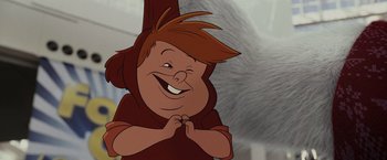 Movie still from “Chip 'n Dale: Rescue Rangers” (2022), directed by Akiva Schaffer – A cartoon character smiling; Close Up shot, Low angle