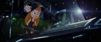 Movie still from “Chip 'n Dale: Rescue Rangers” (2022), directed by Akiva Schaffer – A picture of a cartoon character on the hood of a car; Close Up shot, High angle