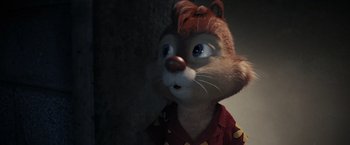 Movie still from “Chip 'n Dale: Rescue Rangers” (2022), directed by Akiva Schaffer – A stuffed animal wearing a red shirt; Close Up shot, High angle