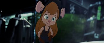 Movie still from “Chip 'n Dale: Rescue Rangers” (2022), directed by Akiva Schaffer – A cartoon of a girl with long brown hair wearing a black hat and gloves; Close Up shot, High angle